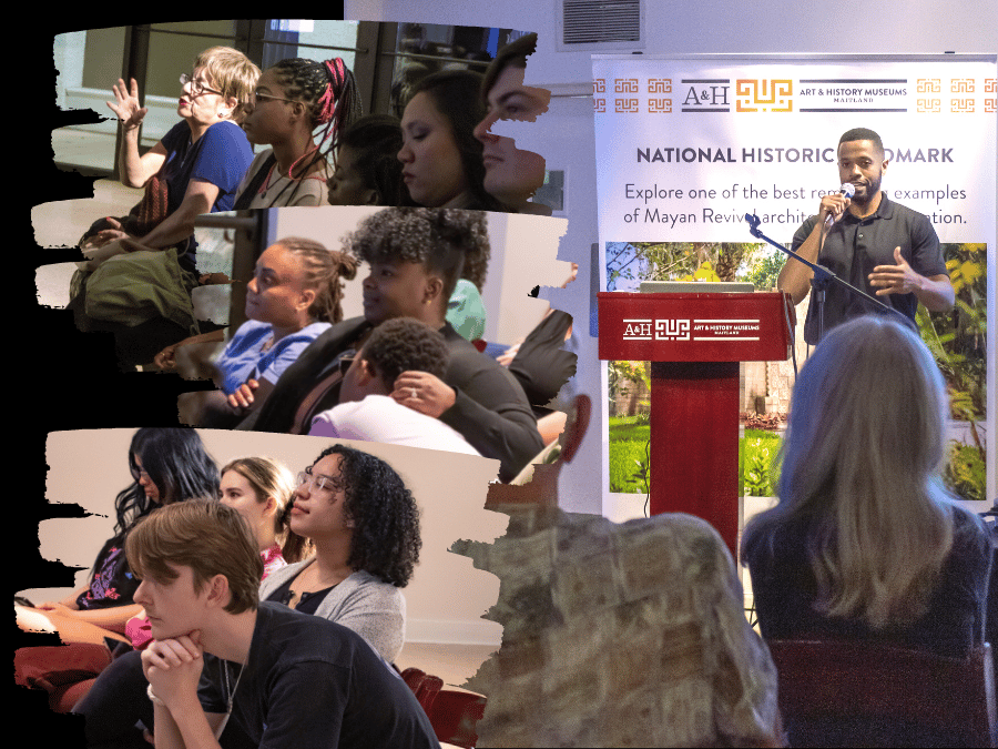 collage of diverse audience members of all ages and ethnicities alongside a smiling speaker standing beside an A&H branded podium